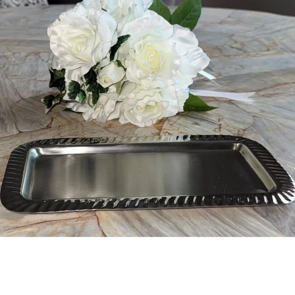 Ross Silver Rectangular Vanity Tray Fluted Border Metallic 9.5x4.5 Made in India